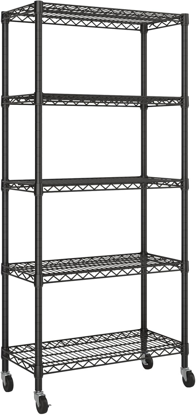 Golpart 5 Tier Shelves Storage Shelf Wire Closet Bathroom Organizers Metal Pantry Kitchen Garage Shelving Unit Laundry Room Organization Home Rack Net Basket Black with Wheels 14”D X 30”W X 70”H