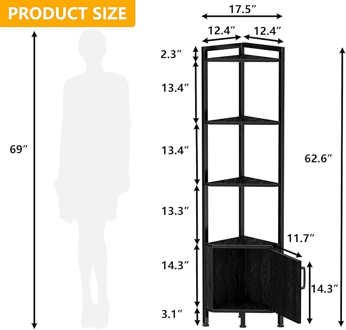 Furnulem Corner Shelf,5-Tier Corner Cabinet with Storage and LED Light, 62.8” Standing Display Bookshelf for Bedroom, Living Room, Kitchen, Wood Display Shelf (Black Oak) | with Storage, LED Light, for Bedroom, Living Room, Kitchen