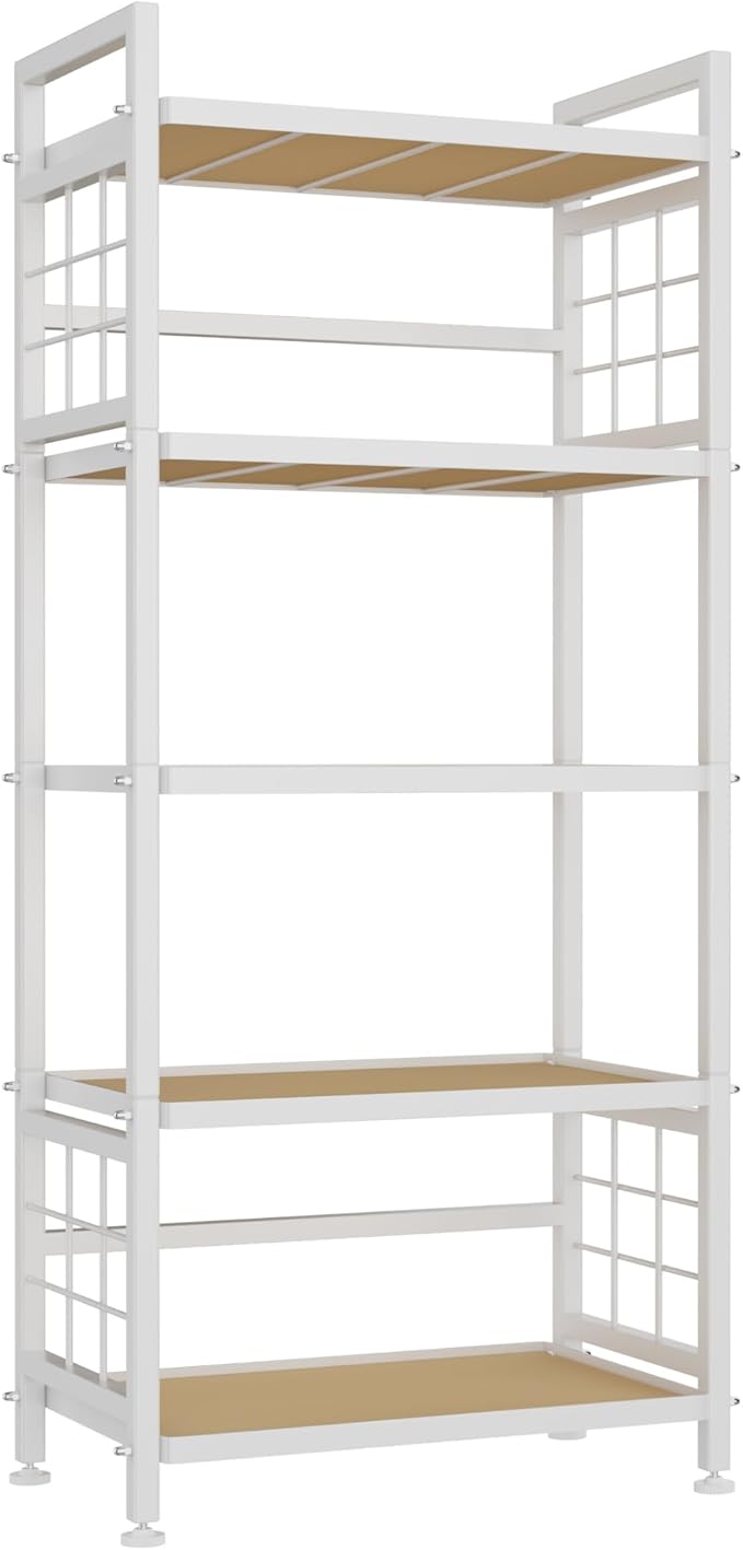 GIOTORENT 5-Tier Kitchen Storage with Wooden Boards, Heavy Duty Storage Shelves & Bookshelf, Adjustable Metal Shelving Unit for Garage Kitchen Bathroom Laundry Organizer, 750LB Capacity, White