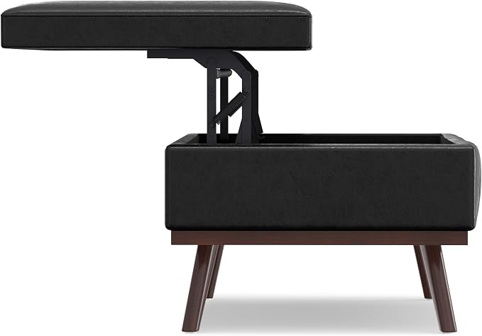 SIMPLIHOME Owen Lift Top Coffee Table Storage Ottoman - 42 inch Wide Upholstered Vegan Leather Rectangular Lift-Top Ottoman in Distressed Black, Mid-Century Modern Ottoman for Living Room