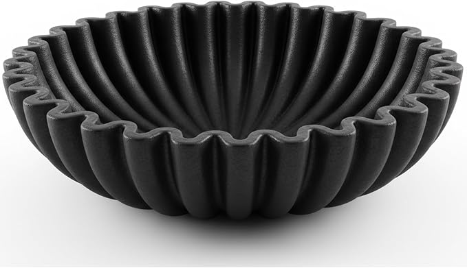 10 Inch Scalloped Ruffle Hand Poured Concrete Decorative Fruit Bowl Black | Solid concrete wabi sabi centerpiece bowl for kitchen counter, entryway key storage & coffee table decor