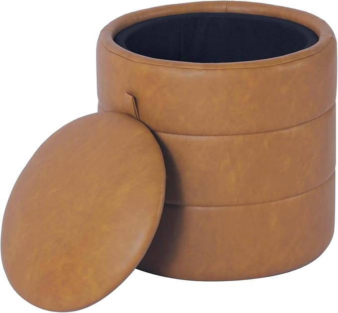 HomePop Storage Round Ottoman with Removable Lid |Homepop Home Décor|Upholstered Round Velvet Foot Rest Ottoman - Carmel Faux Leather