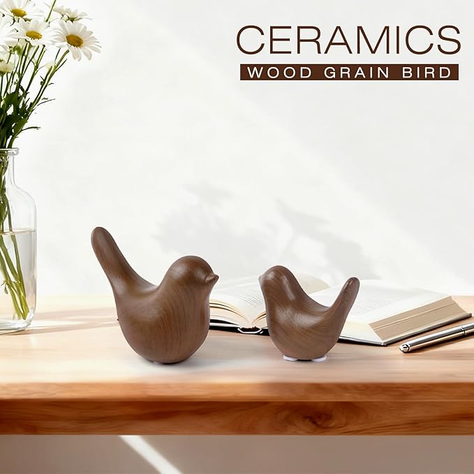 2 Pcs Ceramic Small Bird Figurines Modern Animal Statues for Home 、Room Decor and Bedroom Decor and Bookshelf Display (Dark Wood Grain)