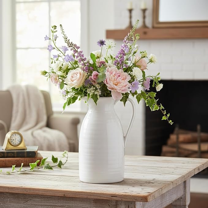 hjn Farmhouse Pitcher Vase for Flowers- Ceramic Pitcher White Flower Vase for Your Kitchen/Home Decor/Office/Living Room/Bookshelf/Mantel/-White