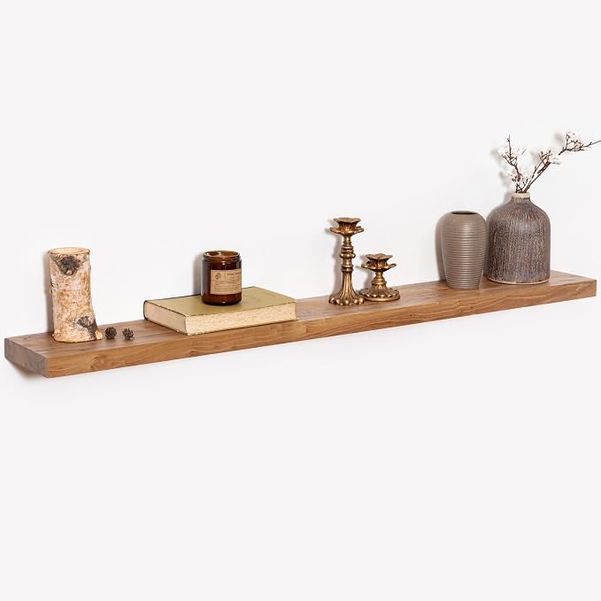 48 Inch Floating Shelves, Rustic Elm Wood Wall Shelves for Farmhouse, Bedroom, Kitchen, Wall-Mounted Long Floating Shelf Heavy-Duty Bracket, Solid Wood Shelf Set of 1 for Home Decor Display, Natural