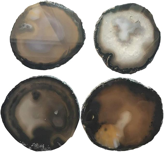 JIC Gem 3.5-4'' Natural Agate Coasters Dyed Black Sliced Geode Polished for Coffee Cup Home Decoration with Rubber Bumpers Home Decoration Set of 4
