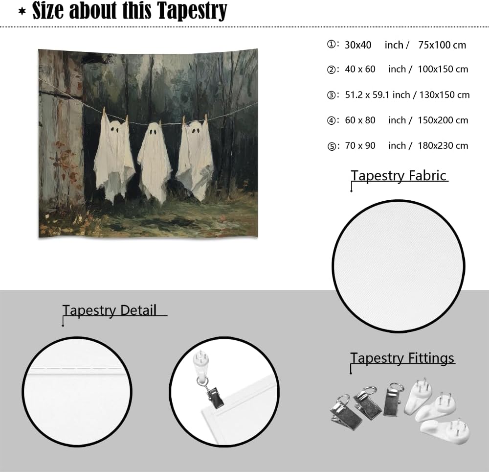 Vintage Halloween Tapestry Funny Ghosts on Clothesline Tapestry Wall Hanging Farmhouse Gothic Room Decor Spooky Ghost Prints for Dark Academia Halloween Party House Decoration Tapestries 40x60inch