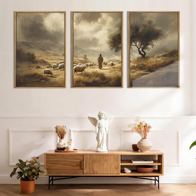 HPNIUB Neutral Jesus Leaves the 99 Sheep Framed Wall Art Set | Easter Lost Lamb Christian Religious Vintage Inspiring Good Shepherd Artwork for Church Room Christian Faith Gift-16''x24''x3