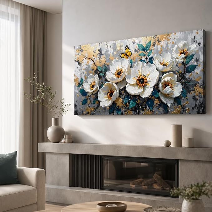 Wall Art Flower Abstract Canvas Painting Textured Picture, Modern Landscape Artwork Framed for Living Room Bedroom Bathroom Office Home Decor 58x28in