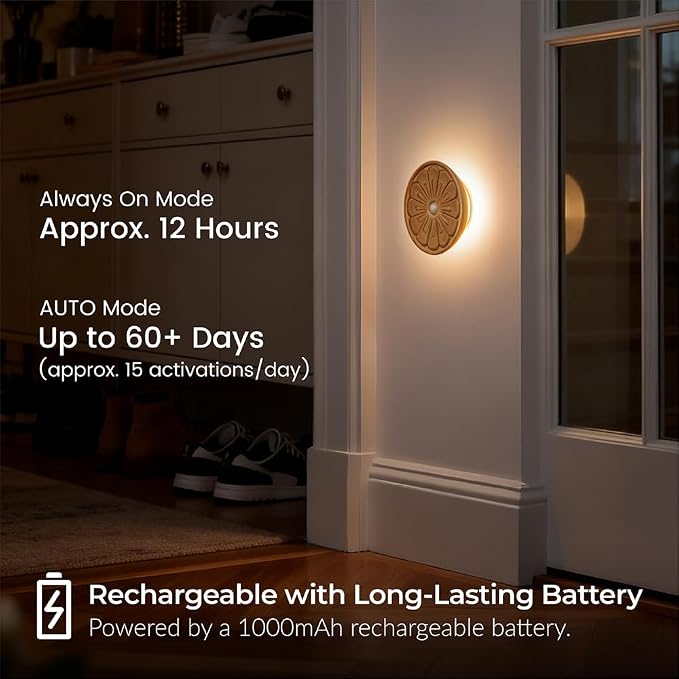 Flower Motion Sensor Night Light, Carved Wooden Flower Wall Lamp, Backlight LED Light, Rechargeable & Stick-On Magnetic Mount for Indoor Decor, Living Room, Bedroom, Stairs (Round Ash Wood *1Pack)