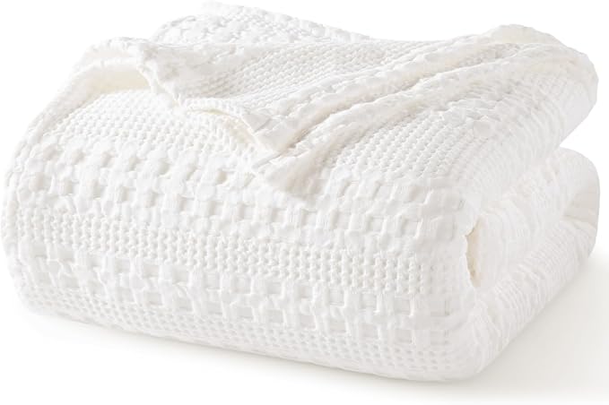 PHF 100% Cotton Waffle Blanket Twin Size for College Dorm, Lightweight Breathable and Soft for Summer, Luxury Aesthetic Waffle Weave Blanket for Bed & Gifts for Women, 66"x90", White