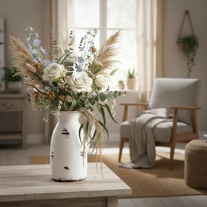 hjn Farmhouse Pitcher Vase for Flowers- Ceramic Pitcher Vase Decrative Pitchers for Your Kitchen/Home Decor/Office/Living Room/Bookshelf/Mantel/-White and Antique