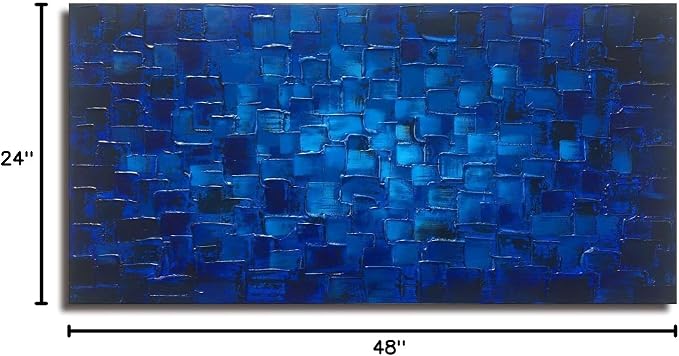MyArton Textured Abstract Squares Canvas Wall Art Hand Painted Modern Dark Blue Oil Painting for Decoration Ready to Hang 48x24inch