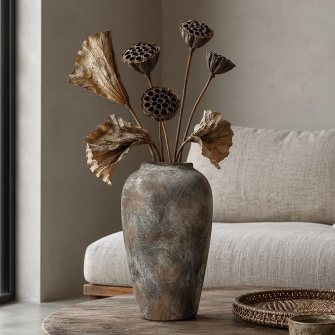 12 Inch Ceramic Rustic Farmhouse Vase, Handmade Pottery Flower Vases for Home Decor, Brown Ceramic Vase for Living Room, Table Centerpieces & Shelf Decor, Wedding Gifts