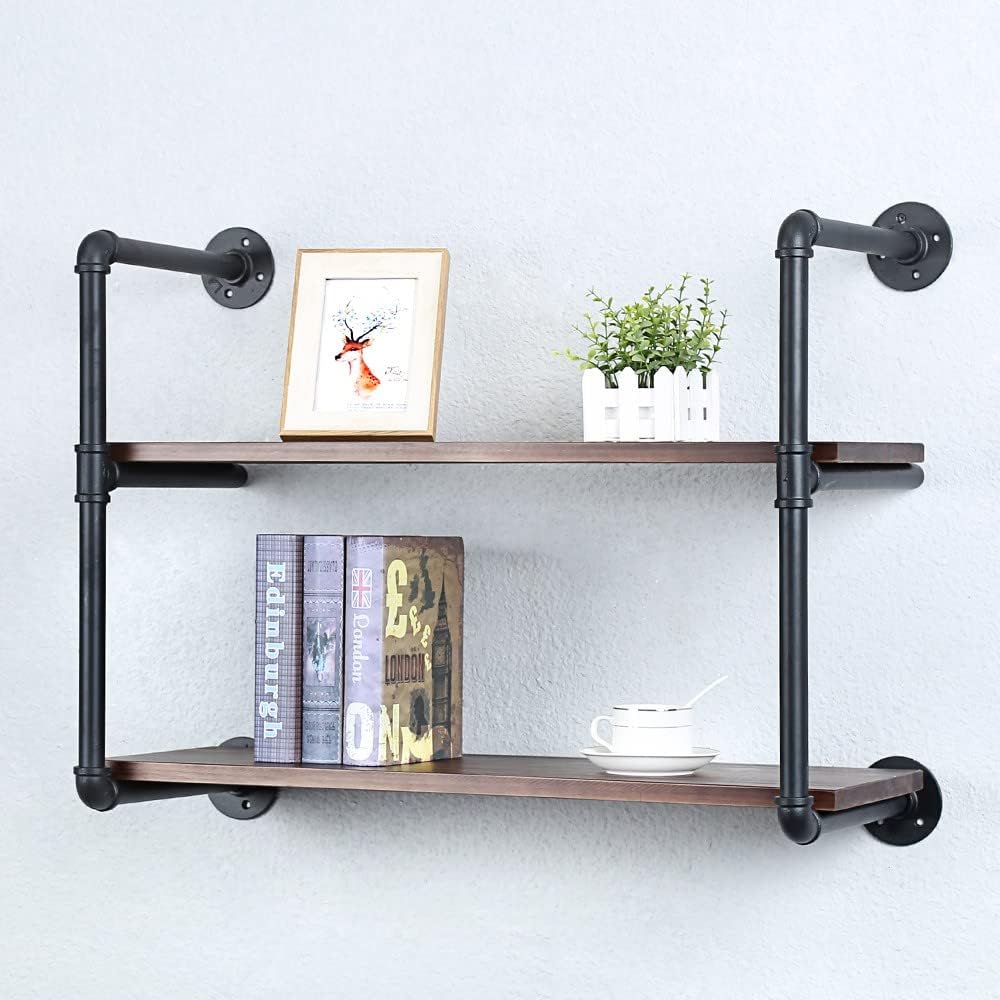 Industrial Pipe Shelving Wall Mounted,30in Rustic Metal Floating Shelves,Steampunk Real Wood Book Shelves,Wall Shelf Unit Bookshelf Hanging Wall Shelves,Farmhouse Kitchen Bar Shelving(2 Tier)