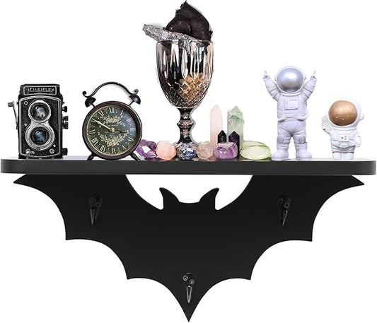 Bat Shelf Floating Shelves for Wall,15.5 inch Wall Shelf with 3 Key Hooks,Black Shelves for Living Room Bedroom Kitchen Gothroom
