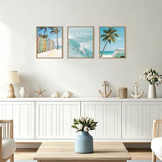 KAIRNE Ocean Beach Framed Canvas Wall Art Set, Coastal Seascape Surfboard Wall Decor, Modern Palm Tree Art Prints, Summer Surfing Blue Artwork for Living Room, Bedroom, Farmhouse, Office-12 x16 x3