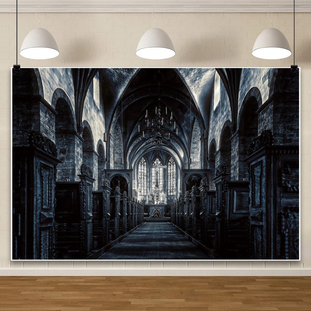 ChloropLastid 7x5ft Scary Church Halloween Backdrop Dark Black Horror Gothic Medieval Castle Interior Photography Background Halloween Night Carnival Theme Party Decor Banner Photo Studio Props