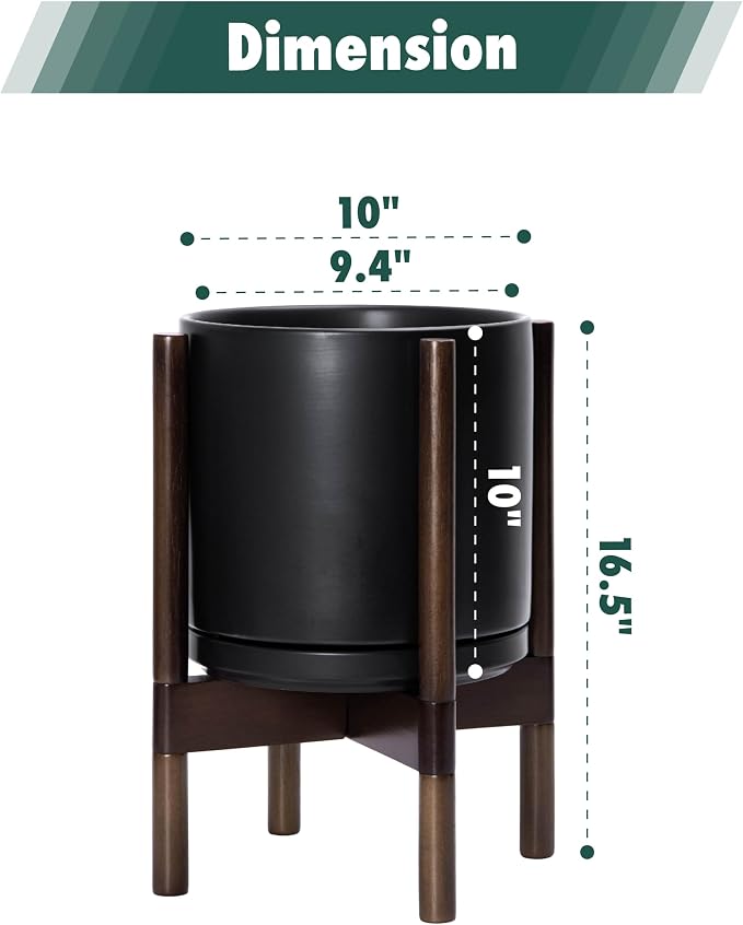 D'vine Dev Ceramic Planter with Walnut Color Stand - 10 Inch Modern Round Flower Pot with Wood Planter Holder, Black, 55-B-X-2