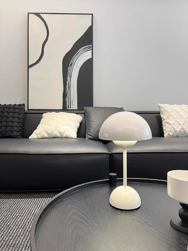 Modern Flower Bud Lamp 12" Cordless Touch Lamp Dimmable 2600mAh Rechargeable Desk Lamp Nordic Minimalist Mushroom Lamp Nightstand Bedside Lamp for Bedroom Living Room(Gloss White) No Reading Light