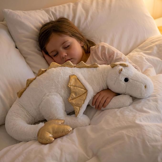ARELUX Large 36in Cute Dragon Stuffed Animals Plush Toy Soft White Pterosaur Plushie Giant Fuzzy Dinosaur Pillow Plushies with Gold Wings Cuddly for Friends Family Member