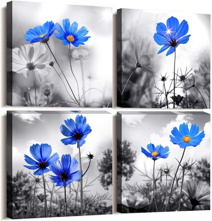 wall art for living room Black and White cyan blue flower Big Canvas Prints Wall Decor Artwork 16" x 16" 4 Pieces Framed Black Border Ready to Hang for bedroom kitchen Home Decoration withoffice