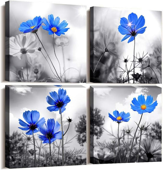 wall art for living room Black and White cyan blue flower Big Canvas Prints Wall Decor Artwork 16" x 16" 4 Pieces Framed Black Border Ready to Hang for bedroom kitchen Home Decoration withoffice