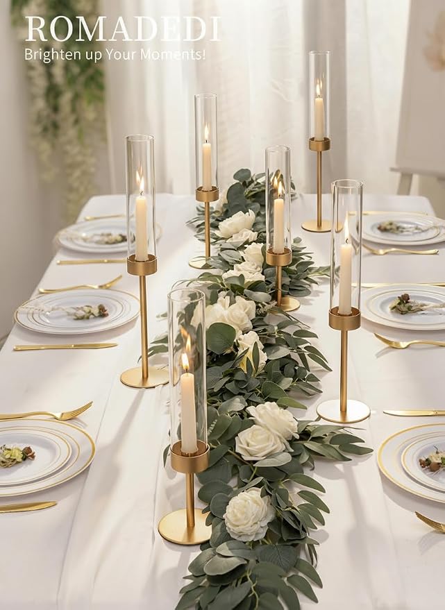 Glass Hurricane Candlestick Holders Gold - Romadedi Set of 6 Taper Candle Holder Bulk Tall Clear Glass Cylinder Table Centerpiece Wedding Decor Party Birthday Christmas Home Decorations