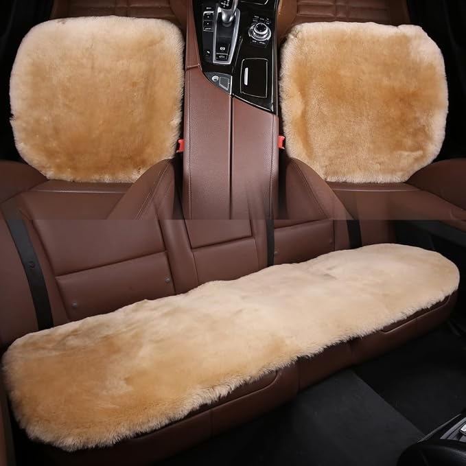 OGLAND Fuzzy Genuine Sheepskin Car Rear Seat Cover for Kids Dogs Pets Auto Bench Back Cushion Interior Accessories with Soft Fluffy Wool Natural Fur, Honey Beige
