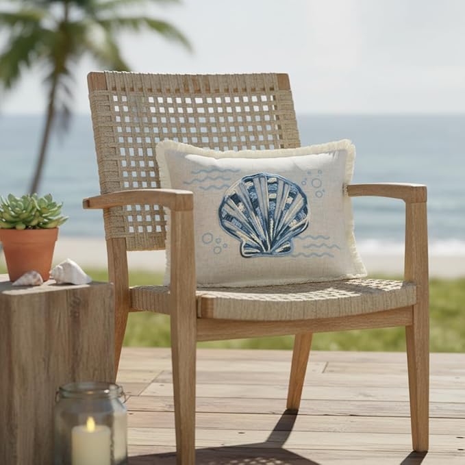Comfy Hour 18"x13" Blue and White Scallop Shell Accent Pillow, Antique Vintage Figurine Style Home Decor, Coastal Lumbar Cushion with Removable Insert