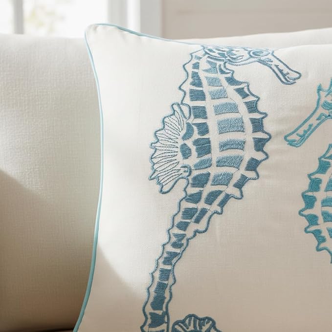 Blue Seahorse Pillow Covers 18x18 Pack of 2 Boho Embroidered Throw Pillow Covers Summer Cushions Cases Farmhouse Decor Square Pillowcases Spring Home Decor for Sofa Bed Living Room