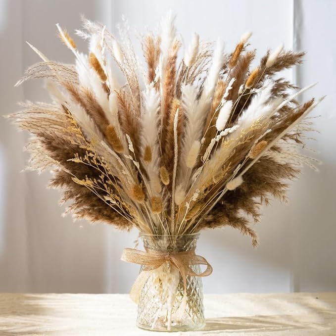 106pcs Artificial Flowers in Vase Natural Dried Pampas Grass Decor with Vase Boho Home Decor Bouquet Bunny Tails Dried Flowers, Reed Grass Bouquet for Wedding Floral Arrangements (106pcs)