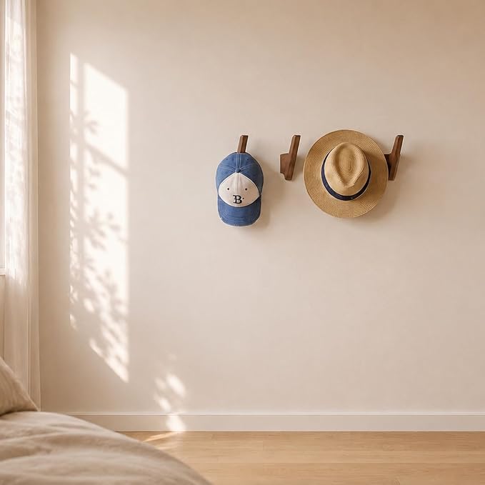 Wood Wall Hooks 4 Pack - Walnut-Toned Wall Mounted Coat & Towel Hooks | Entryway hallway bedroom bathroom, hat key towel hanger, single-screw install, wood-grain finish, space-saving organizer