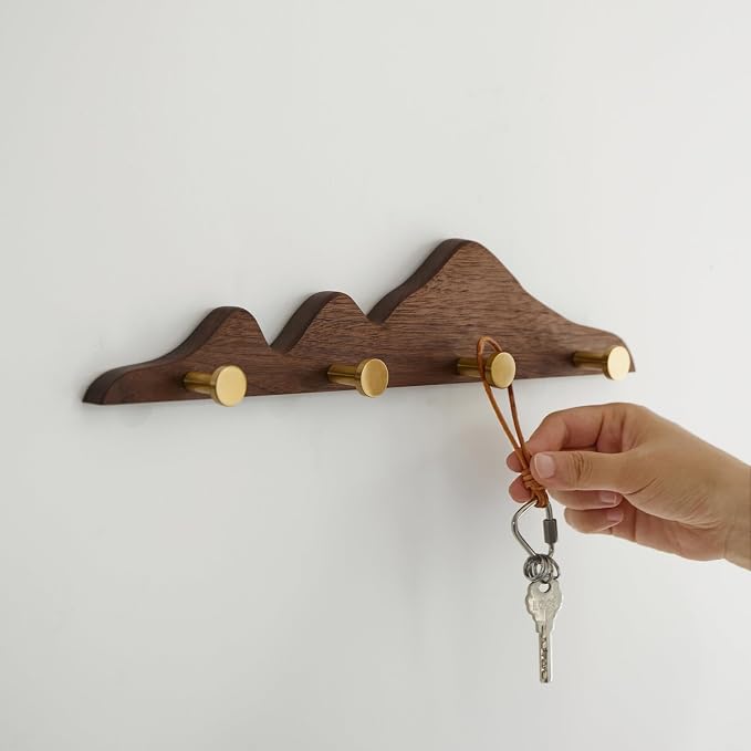 Elegant Wall Coat Rack with Hooks Walnut Wood Solid Coat Hanger Wall Mount with 4 Brass Hooks, Moisture-Resistant Wax Oil Finish for Home(Walnut, 4 Hooks)