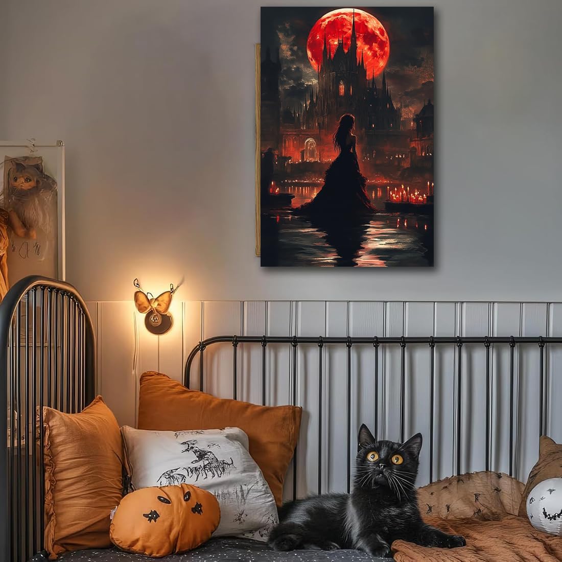 Halloween Witch Poster Canvas Prints Art Vintage Decor,Red Castle Blood Moon and Witch Scene Gothic Painting,Rustic Dark Academia Wall Art for Bathroom Spooky Living Room Wall Decor,24"x36" Framed