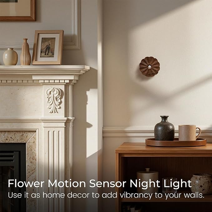 Motion Sensor Night Light Wooden Carved Flower USB Rechargeable Stick-On Step Lights Magnetic Mini Wall Lights for Hallway Bedroom Living Room Stair (Black Walnut)