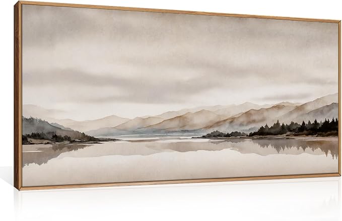 LHIUEM Abstract Mountain Brown Framed Canvas Wall Art,Neutral Watercolor Landscape Wall Decor,Minimalist Grey Beige Lake Artwork for Living Room,Bedroom,Dining Room,Office -20"x40"x1