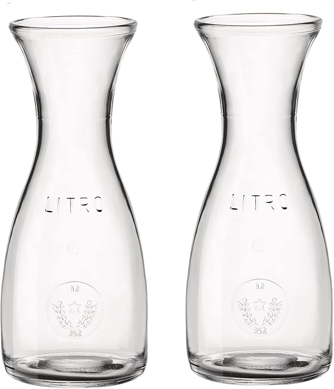 Bormioli Rocco Misura PZ Carafe Set of 2-33.75 Oz. Clear Glass Carafes with Calibration Line for Wine, Water, Juice & Milk - Rounded Base Flared Top Drinkware for Dining, Kitchen & Serving