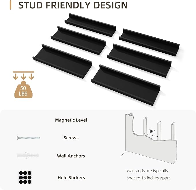 Acovy Floating Shelves Set of 6, 24 Inch Wall Mounted Picture Ledge Shelf with Lip, Black Display Shelves for Living Room, Bedroom, Nursery, Bathroom & Kitchen