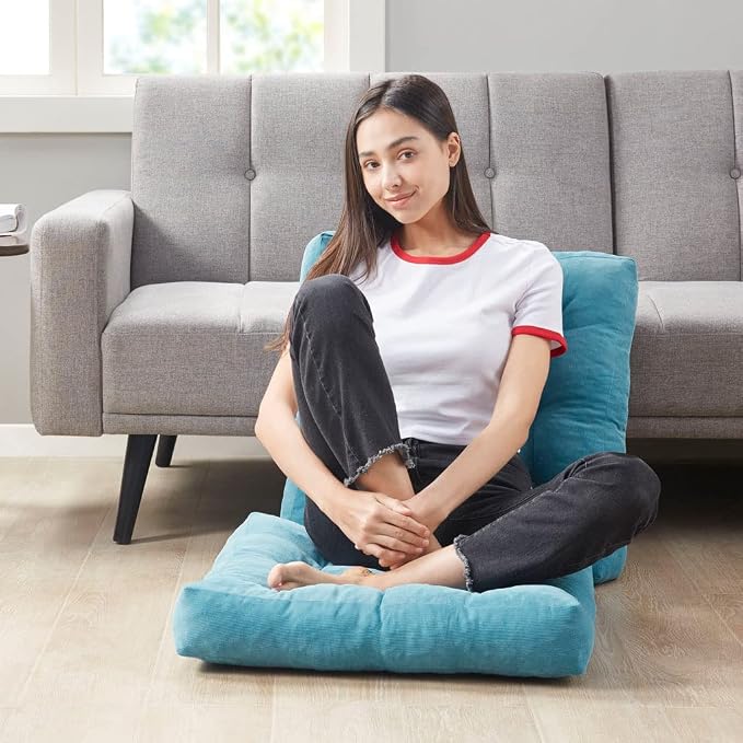 Meditation Floor Pillow Set of 2, Square Large Pillows Seating for Adults, Tufted Corduroy Cushion for Living Room Tatami, Turquoise, 22x22 Inch