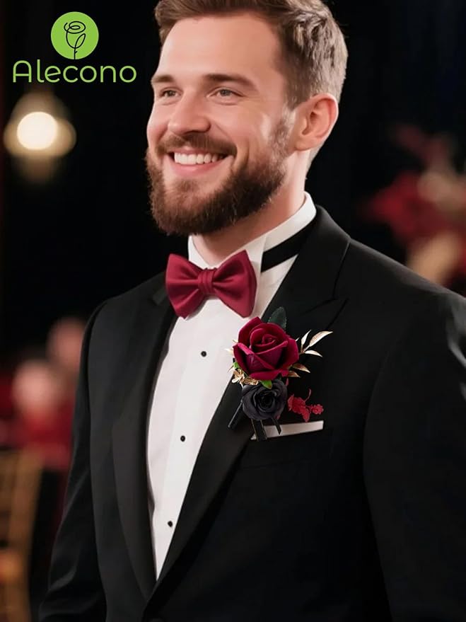 Alecono Boutonniere for Men, Set of 2 Burgundy and Black Boutonniere for Wedding Groom Bridegroom, Artificial Flowers for Prom Graduation Ceremony Anniversary