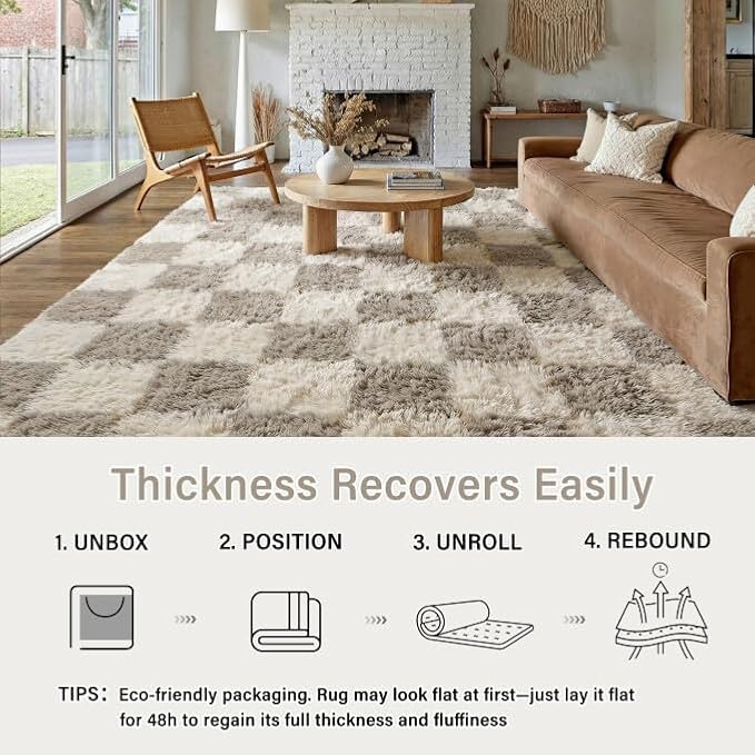 PureCozy Checkered Rug 5x7 for Living Room, Modern Grey Shag Rug Shag Rug Super Soft Washable Indoor Fuzzy Carpet Non-Slip Fluffy Rugs for Bedroom Home Aesthetic Decor