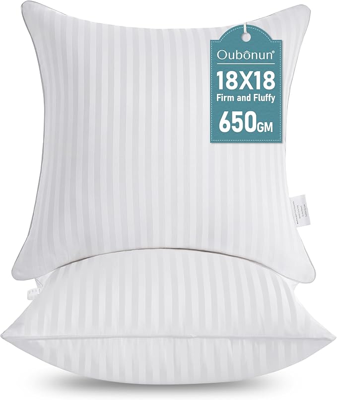 Oubonun 18 x 18 Throw Pillow Inserts, Firm and Fluffy Decorative Square Pillows for Couch Bed Sofa with Soft Cotton Cover White Cushion with Down Alternative Pack of 2