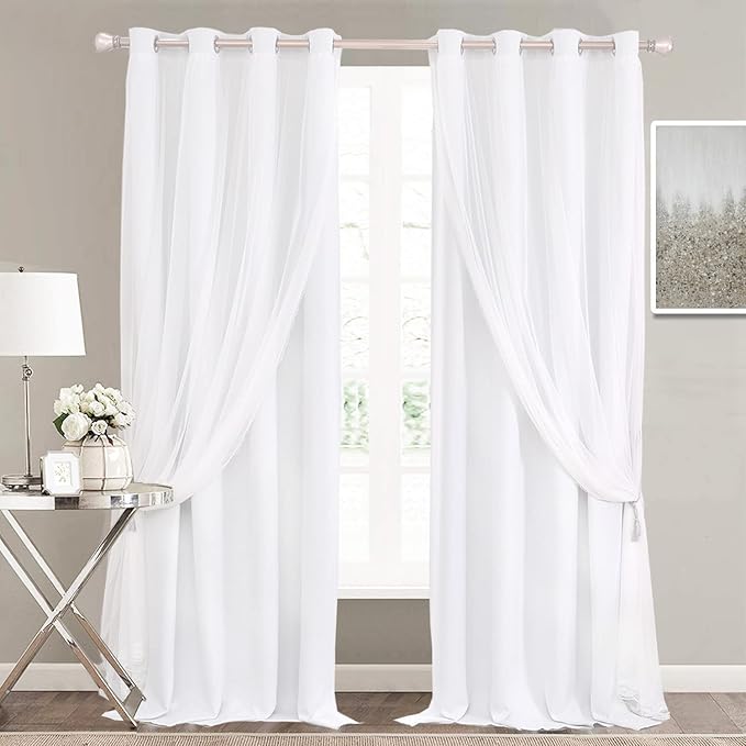 Winter White Curtains 84 inch Length - Double Layers Voile Sheer Curtains & Draperies Panels for Bedroom Office, Winter White, 2 Panels