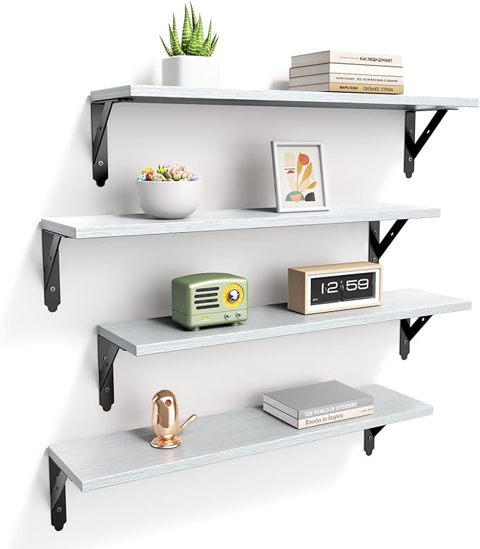 ROMGUAR CRAFT Wood Floating Shelves Set of 4, Rustic Storage Decor Wall Shelves, Wall Mounted Shelf for Living Room, Bedroom 23.6" x 6", Light Grey