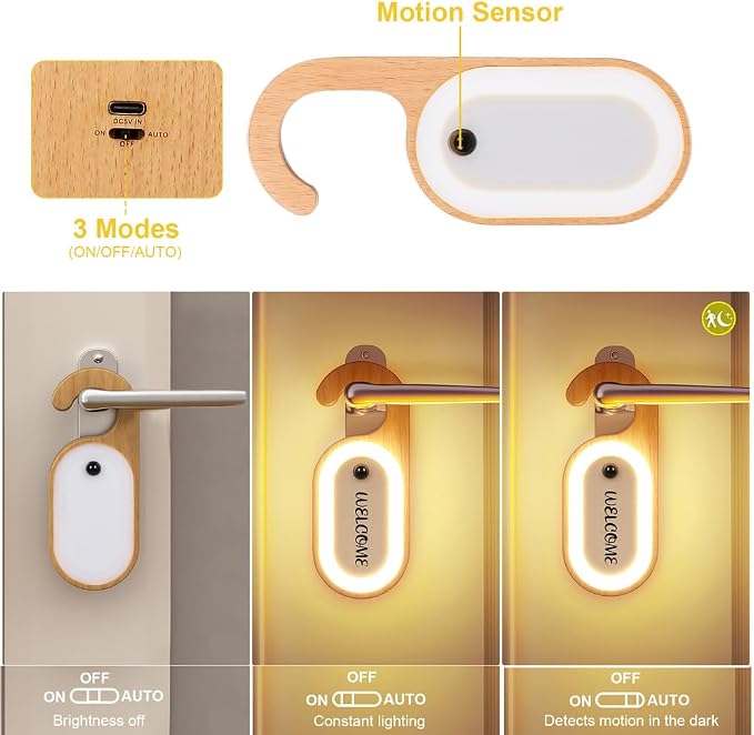 2-Pack Hotel Door Sign Night Light with Motion Sensor, Reusable Message Board Doorknob Lamp, Wooden Finish LED Light for Bedroom Bathroom, Rechargeable Hook Design, Ideal for Multiple Rooms