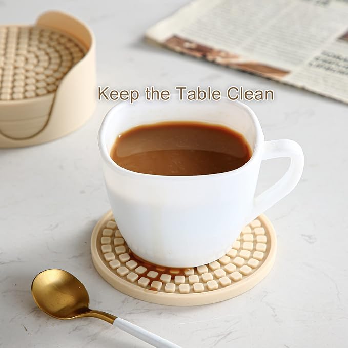 Colinda Silicone Drink Coasters with Holder, Set of 6, Outdoor Cup Mat for Hot or Cold Drinks, Thickened, Non-Slip,Non-Stick, Warm Grey