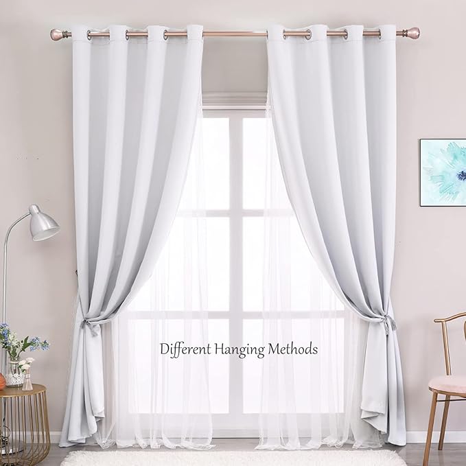 Blackout Curtains 52W x 84L Set of 2 - Greyish White Double Layer Voile Sheer with Lace Hem for Bedroom Living Room