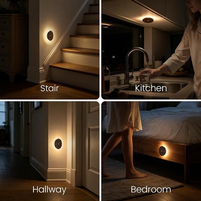 Motion Sensor Night Light Wooden Carved Flower USB Rechargeable Stick-On Step Lights Magnetic Mini Wall Lights for Hallway Bedroom Living Room Stair (Black Walnut)