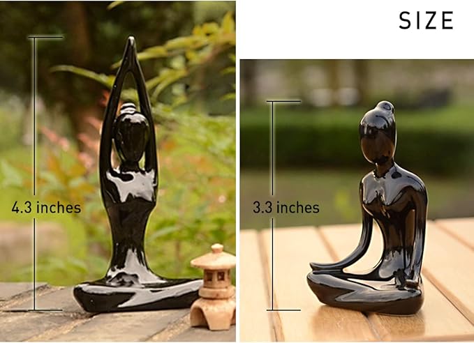 OwMell Lot of 4 Meditation Yoga Pose Statue Figurine Ceramic Yoga Figure Set Decor - Black